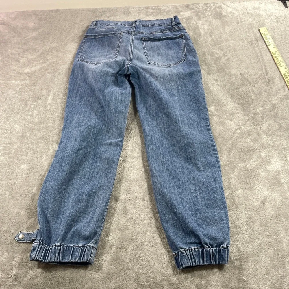 Express Jogger Jeans Womens 10 Medium Blue High Rise Snap Ankle Utility Patch